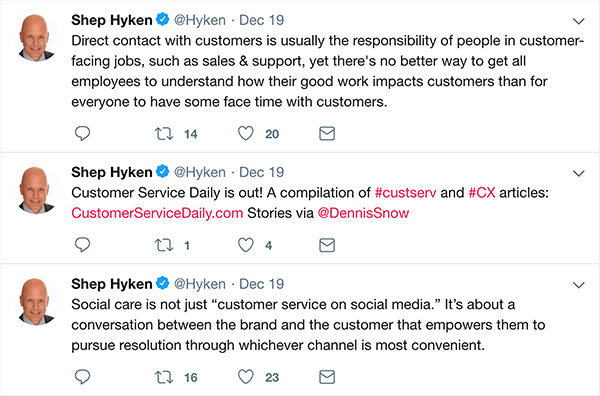 Ceci est une capture d'écran de trois tweets que Shep Hyken a faits sur le service client.