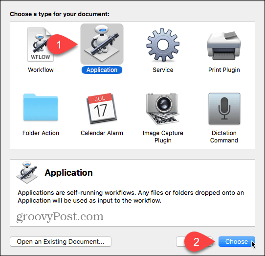Choisissez Application comme type de document dans Automator