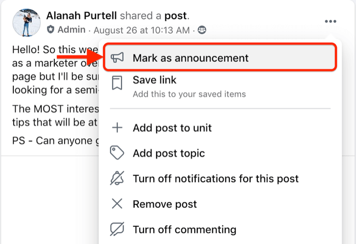 Option de menu de publication de groupe facebook pour marquer une publication spécifique comme annonce