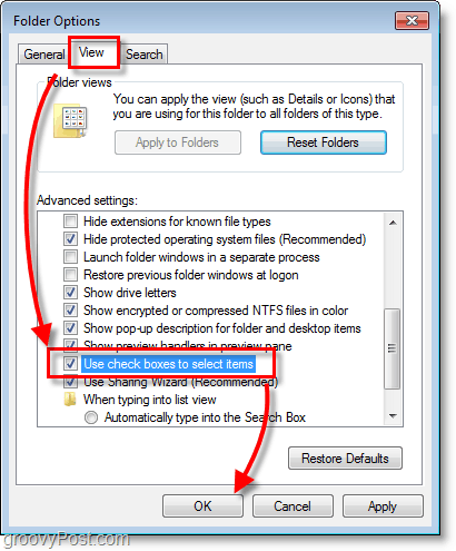 Capture d'écran de Windows 7 - Affichage des options de dossier et cases à cocher pour sélectionner les éléments