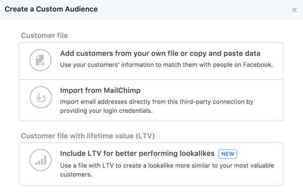 Créez une audience personnalisée Facebook à partir de votre liste de diffusion.