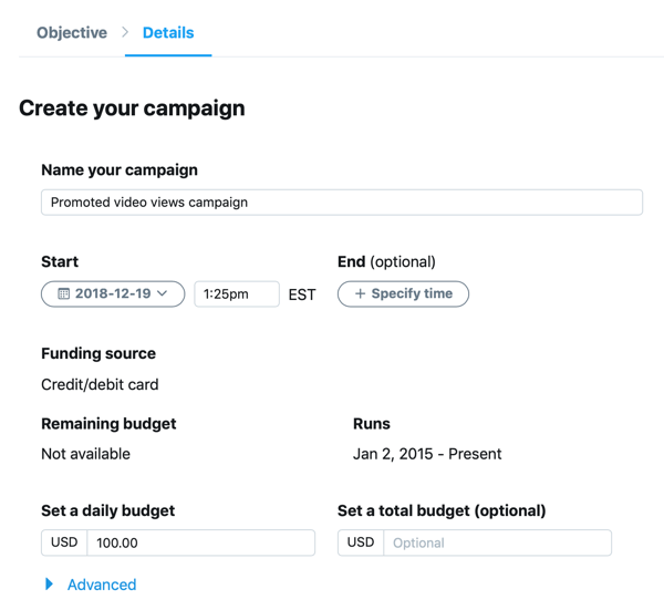 Exemple de paramètres de campagne pour votre annonce Twitter de vues de vidéos sponsorisées.