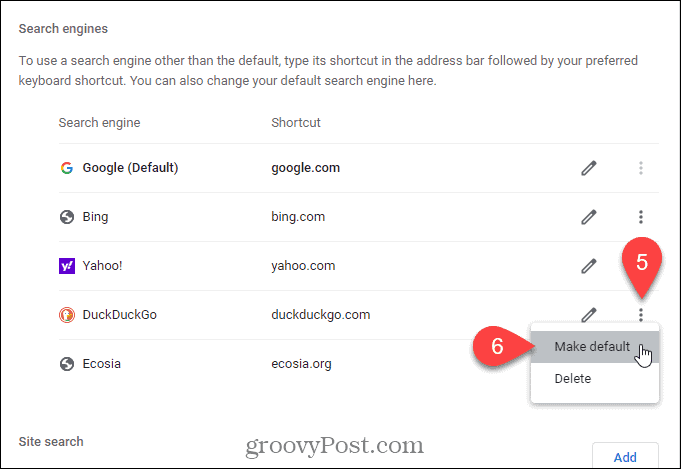 Sélectionnez Définir par défaut pour le moteur de recherche que vous souhaitez utiliser par défaut sur la page Nouvel onglet dans Chrome