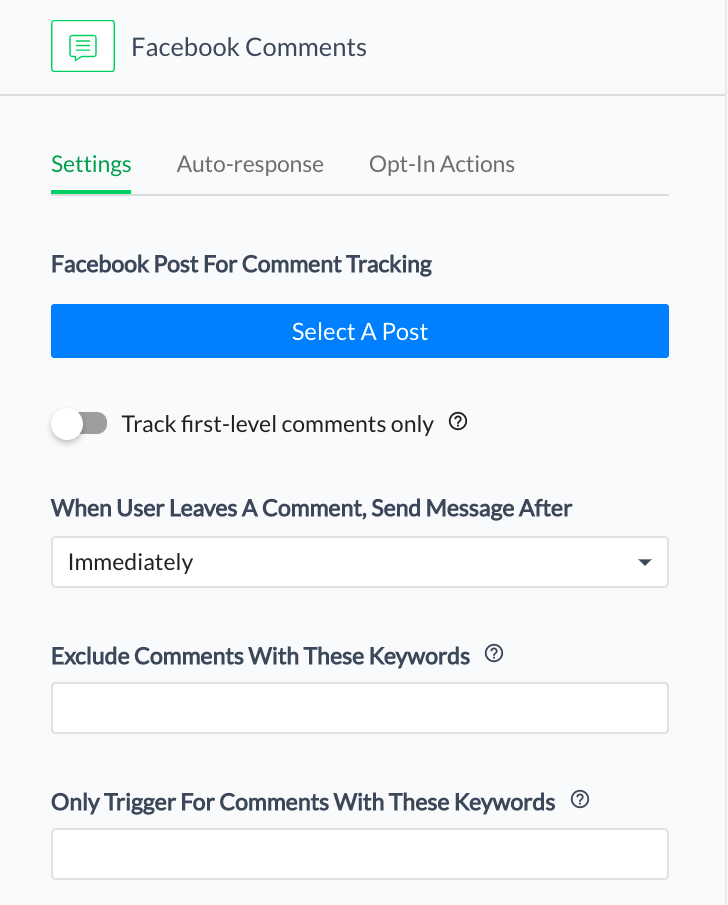 Choisissez votre publication Facebook et entrez le mot-clé que les utilisateurs saisiront dans les commentaires pour déclencher le bot.