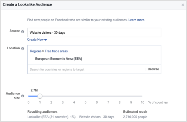 Choisissez des options pour configurer une audience similaire à Facebook en fonction d'une audience personnalisée de visiteurs du site Web au cours des 30 derniers jours