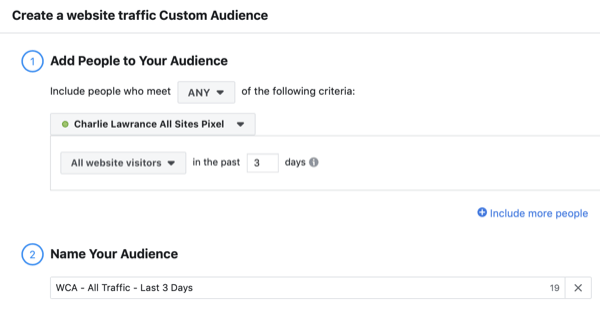 Créez les visiteurs du site Web personnalisé de l'audience ressemblant à Facebook, étape 1.