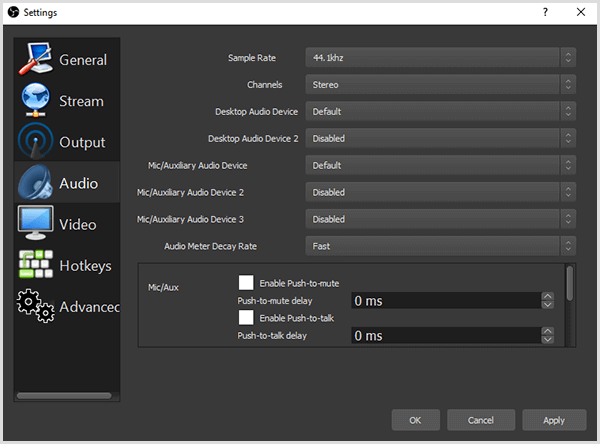 La boîte de dialogue Paramètres OBS Studio contient des options dans l'onglet Audio pour définir votre source audio. Vous voulez vous assurer que votre source audio est le microphone de votre choix et non votre ordinateur intégré ou le micro de votre caméra.