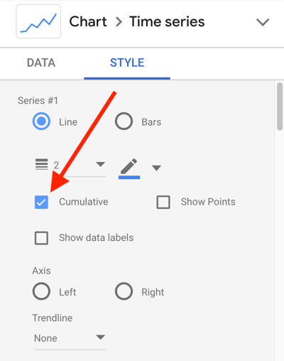 Utilisez Google Data Studio pour analyser vos publicités Facebook, étape 24, paramètre de style de graphique pour la ligne de données cumulative
