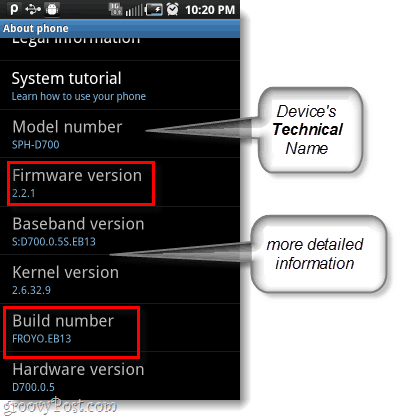firmware android et numéro de build, numéro de modèle aussi