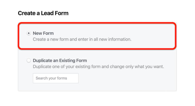 Nouvelle option de formulaire dans la fenêtre Créer un formulaire de prospect de Facebook