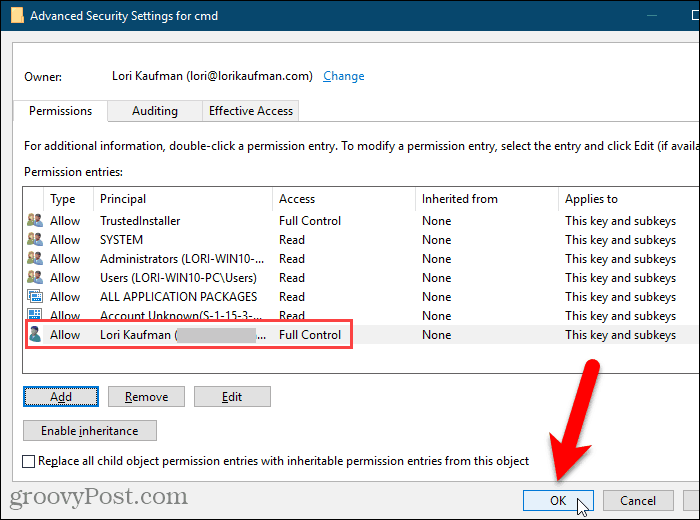 Fermez la boîte de dialogue Paramètres de sécurité avancés dans le registre Windows