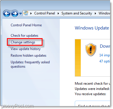 Windows 7 - Capture d'écran du lien de configuration de Windows Update