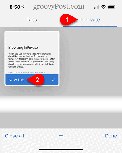 Appuyez sur InPrivate, puis sur Nouvel onglet dans Edge pour iOS