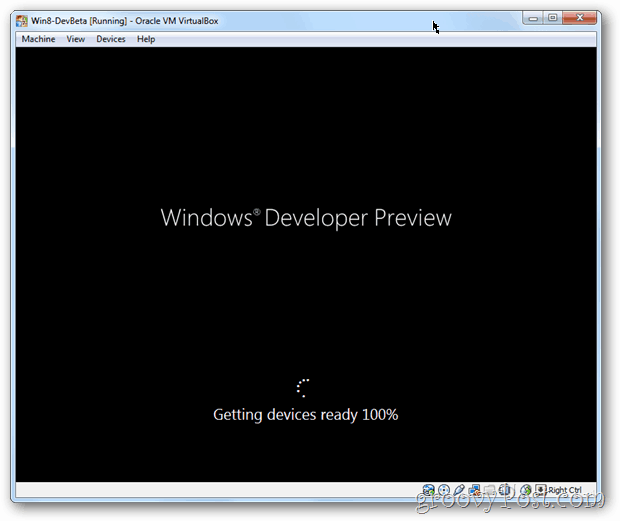 Écran de démarrage de VirtualBox Windows 8 après l'installation
