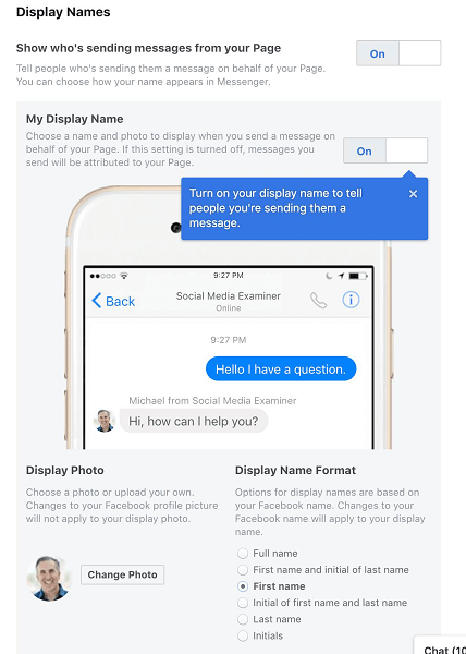 Facebook permet aux administrateurs de page de sélectionner leur nom d'affichage lorsqu'ils utilisent Messenger au nom de leur page ou de leur entreprise.