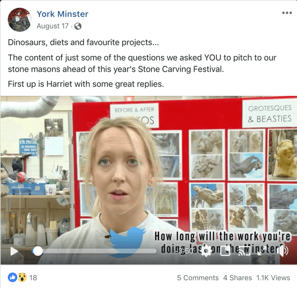 Exemple de publication Facebook soutenant une AMA de York Minster.
