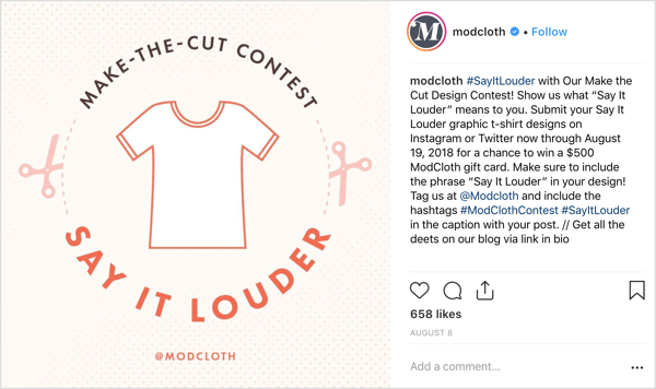 ModCloth a demandé aux utilisateurs d'Instagram de partager leurs propres créations dans des publications originales et a offert une généreuse incitation (proportionnelle à la mission): la chance de gagner une carte-cadeau de 500 $.