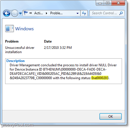 afficher les informations techniques, y compris les codes d'erreur Windows 7