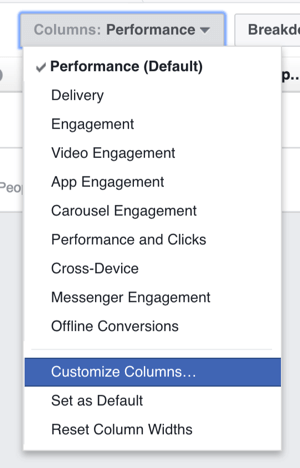 Vous pouvez personnaliser les colonnes affichées dans votre tableau de résultats d'annonces Facebook.