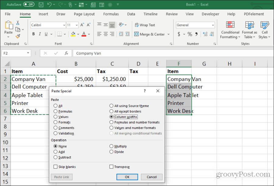 coller des largeurs de colonne dans Excel