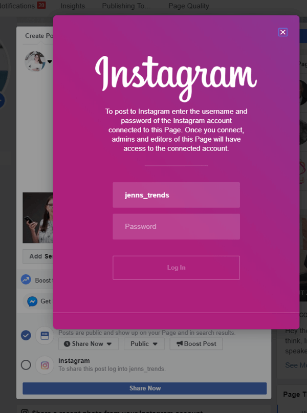 Comment publier sur Instagram à partir de Facebook sur le bureau, étape 4, connectez-vous à Instagram