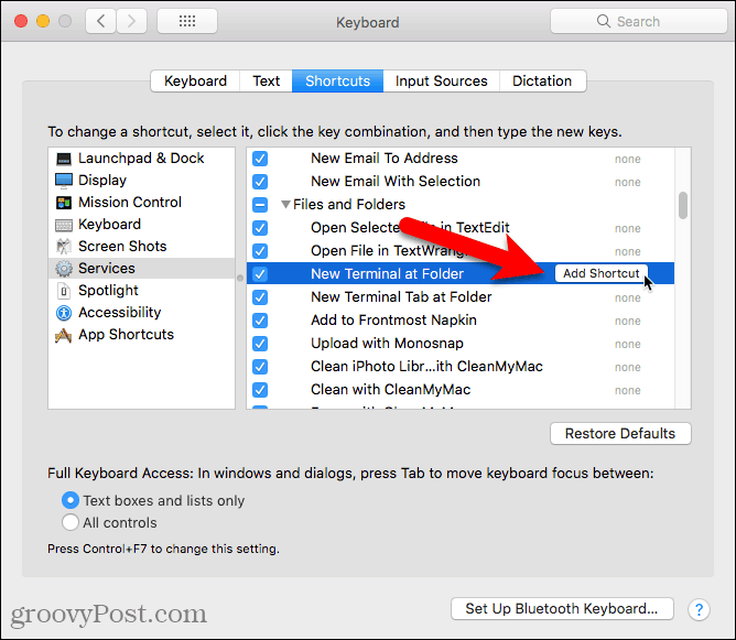 Cliquez sur Ajouter un raccourci pour le service Nouveau terminal dans un dossier sur un Mac