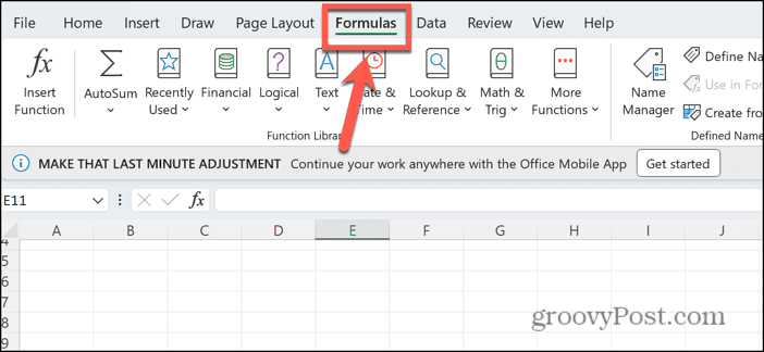 menu de formules Excel