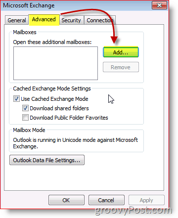 Outlook 2010 Capture d'écran échange onglet avancé ajouter une boîte aux lettres