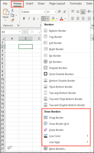 Options de bordure dans Excel