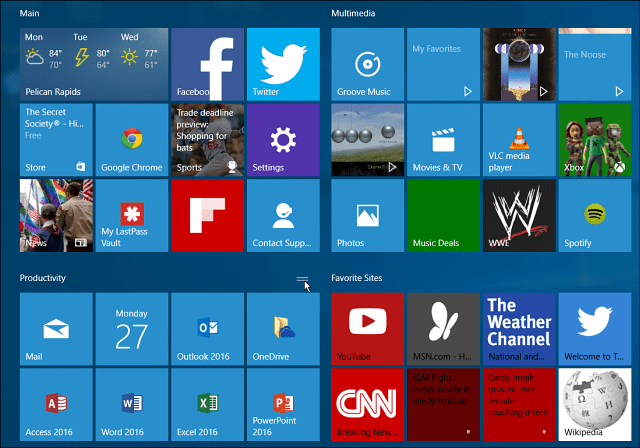 Groupes de tuiles de Windows 10 menu Démarrer grand