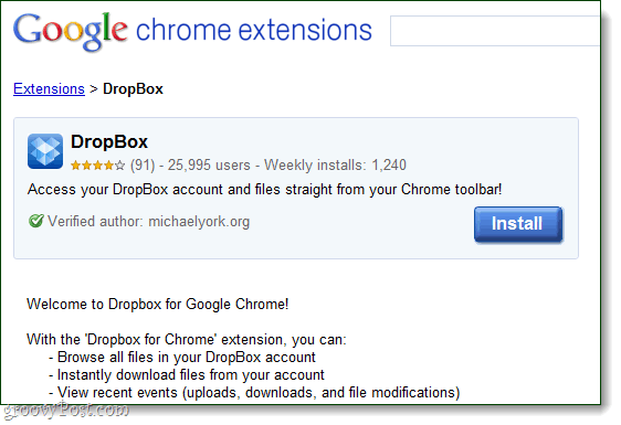 Dropbox pour Google Chrome en tant qu'extension par michaelyork.org