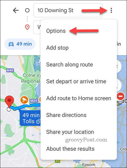 Ouvrez les options d'itinéraire de Google Maps