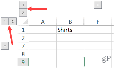 Boutons de nombre de colonnes et de lignes groupées dans Excel sous Windows