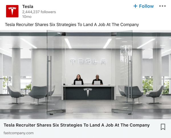 Exemple de publication d'une page d'entreprise Tesla LinkedIn.