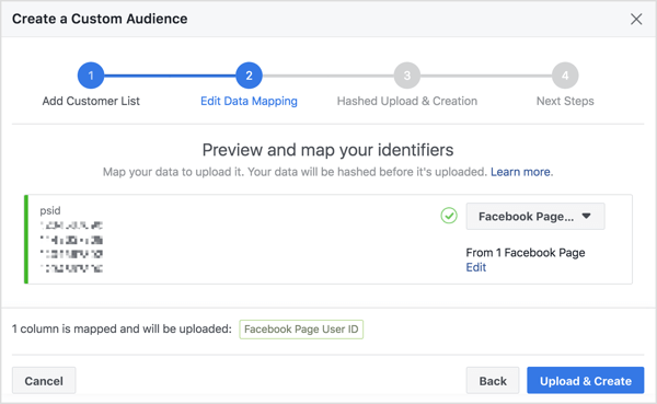 Lorsque vous importez votre liste d'abonnés au bot Messenger pour créer une audience personnalisée, Facebook mappe leur numéro d'identification d'utilisateur Facebook, qui est lié à leur profil.