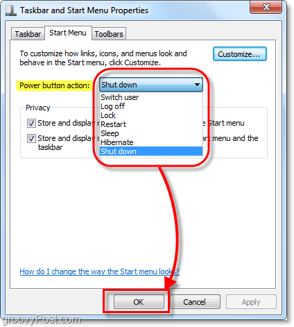 changer l'action du bouton d'alimentation du menu Démarrer dans Windows 7