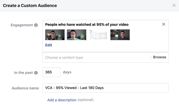 Définition d'options pour créer une audience personnalisée Facebook de personnes qui regardent une vidéo sur Facebook ou Instagram.