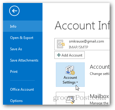 comment créer un fichier pst pour Outlook 2013 - cliquez sur les paramètres du compte