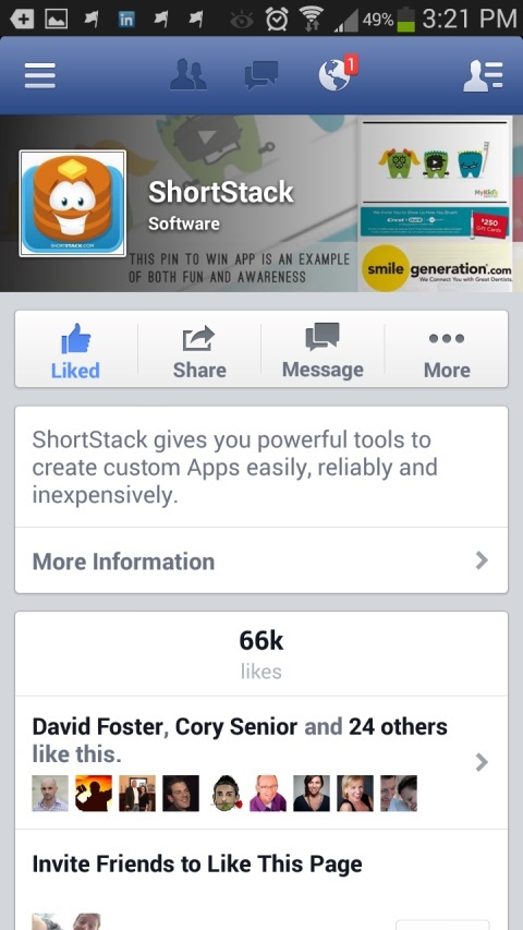 page facebook shortstack sur appareil mobile