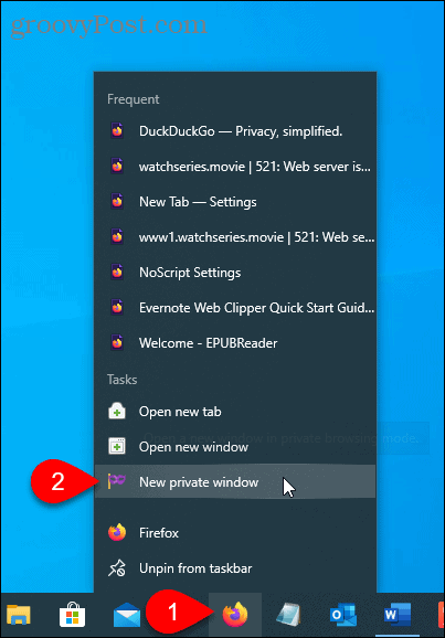 Sélectionnez Nouvelle fenêtre privée sur Firefox dans la barre des tâches