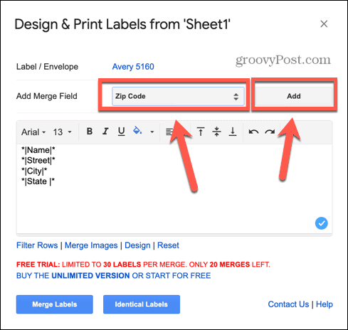 Google Sheets ajouter un champ d'étiquette