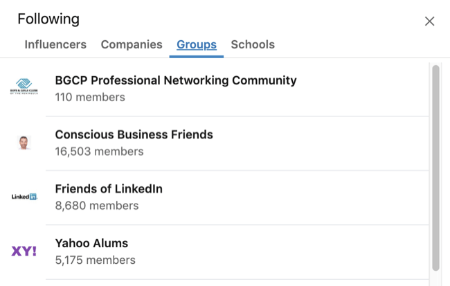 Profil LinkedIn développé dans la zone Intérêts avec l'onglet Groupe sélectionné