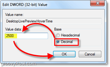 ajuster les propriétés dword à Decimal et la valeur des données à 2500 pour windows 7 DesktopLivePreviewHoverTime