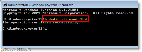 Capture d'écran de Windows 7 - entrez bcdedit / timeout 180 dans le cmd