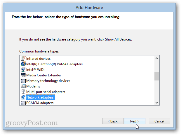 installation de l'adaptateur de bouclage dans Windows 8