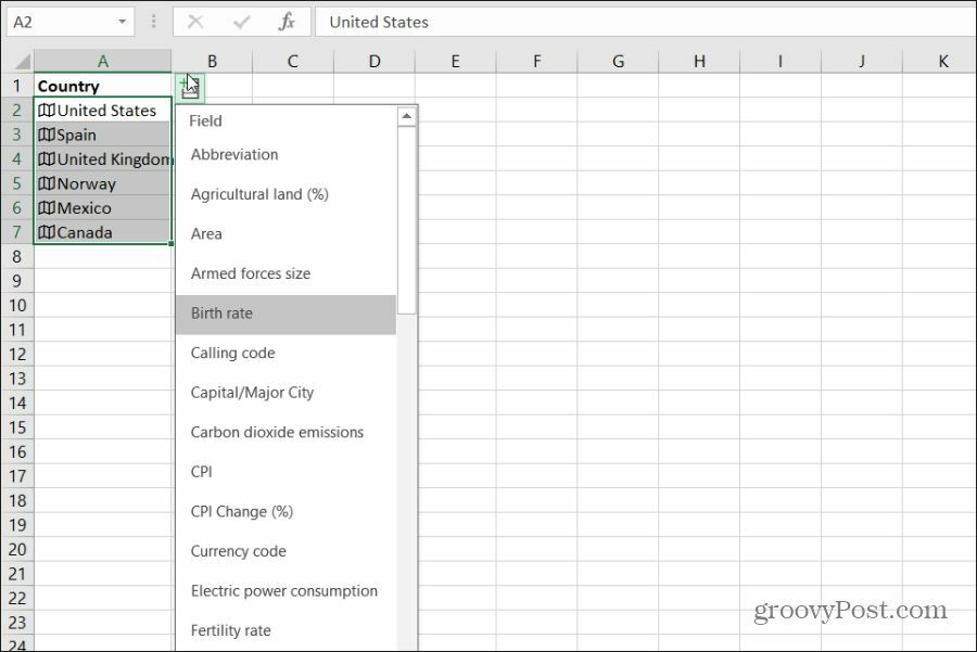 choisir les données géographiques du pays dans Excel