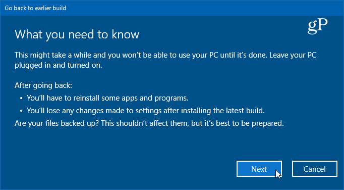 détails sur la restauration de la version précédente de Windows 10