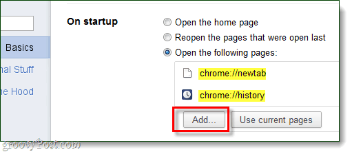 Démarrage de Chrome Ajouter des pages à ouvrir