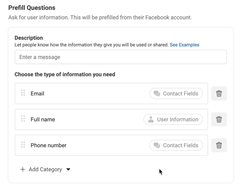 Facebook Lead Ads crée une nouvelle option de formulaire de prospect pour ajouter des questions pré-remplies avec des exemples d'utilisation d'e-mail, de nom complet et de numéro de téléphone