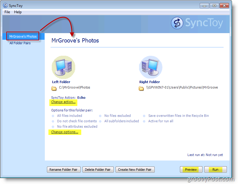 Capture d'écran du menu principal de Microsoft SyncToy